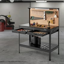 BENTISM Multifunctional Workbench 48x24" with Pegboard Worktable w/ Power Outlets, A3 Steel Work Bench For Garage max. 1500W Heavy Duty Workbench 220lbs Weight Capacity