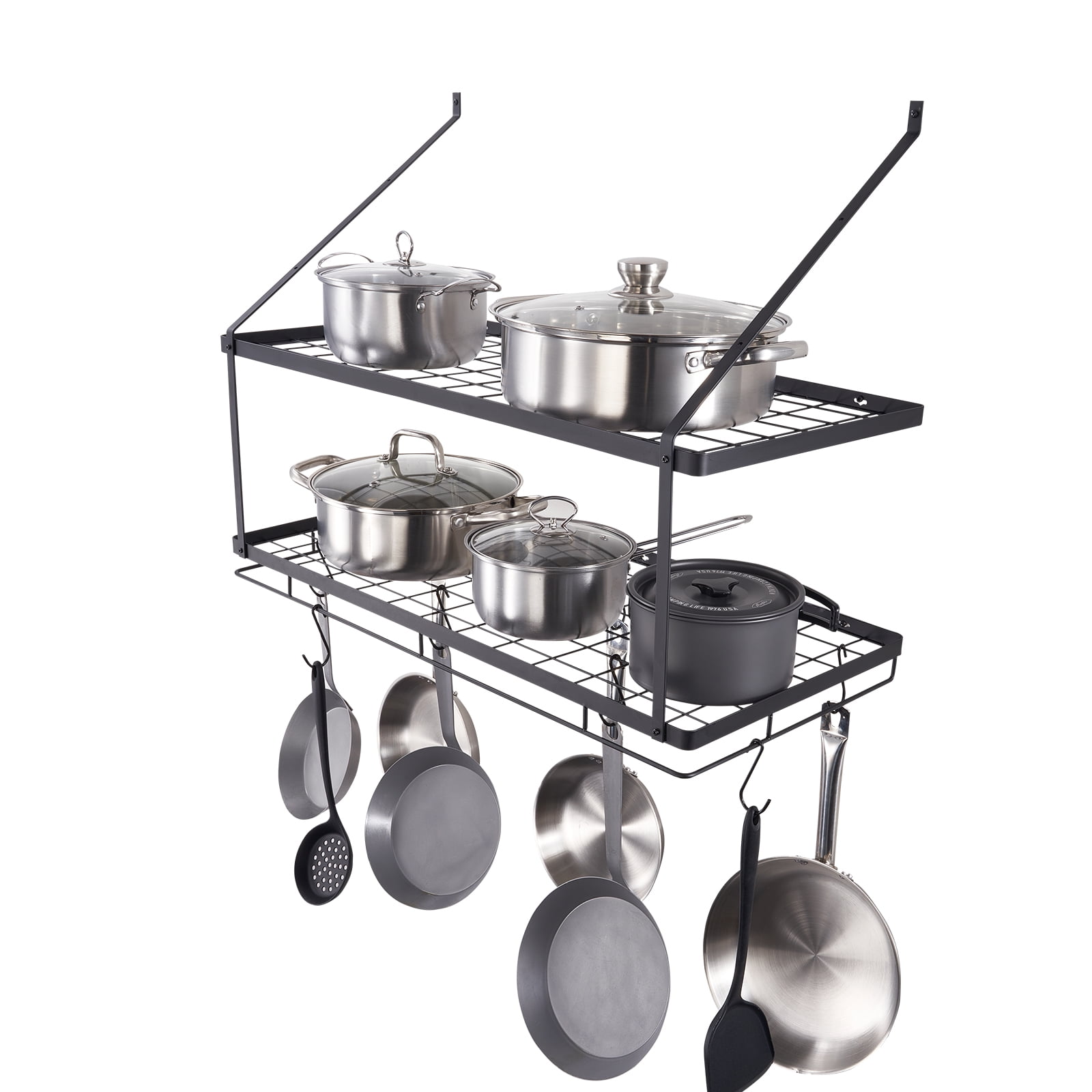 Black Metal Wall-Mounted Pot Rack with 12 Hooks