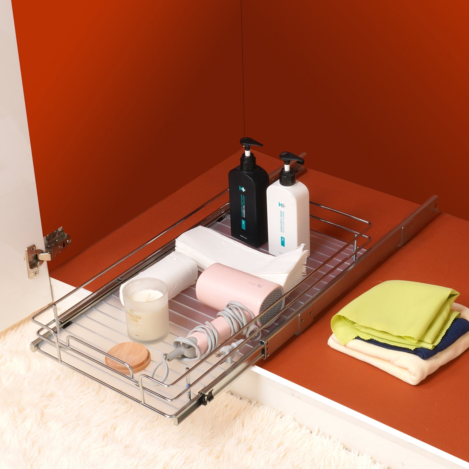 Bentism Pull Out Cabinet Under Sink Organizer 11.5 x 16.5 inch Wire Drawer Basket, Size: 11.5 x 16.5 x 2.5 inch / 292 x 419 x 63.5 mm, Silver
