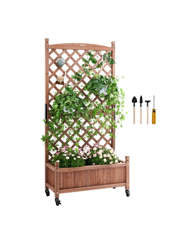 BENTISM Raised Garden Bed with Trellis, 30" x 13" x 61.4" Outdoor Raised Wood Planter with Drainage Holes, Free-Standing Trellis Planter Box
