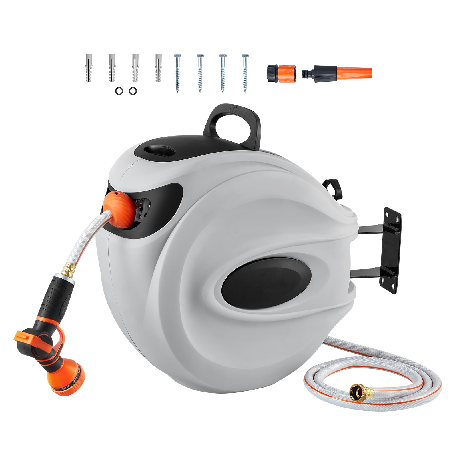 BENTISM Retractable Hose Reel, 84 ft x 5/8 inch, 180° Swivel Bracket Wall-Mounted, Garden Water Hose Reel with 9-Pattern Nozzle, Automatic Rewind, Lock at Any Length, and Slow Return System