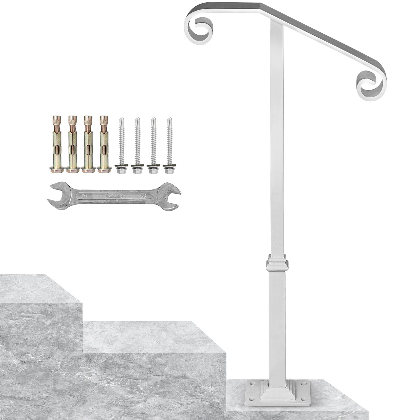 Matte White Wrought Iron Single Post Handrail for 1-2 Steps