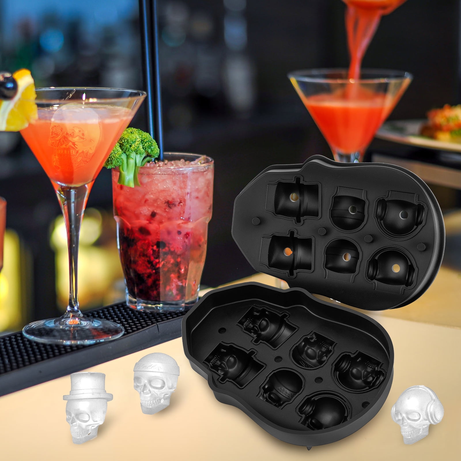 BENTISM Skull Ice Cube Tray, 6-Grid Skull Ice Ball Maker, Flexible Black Silicone Ice Tray with Lid & Funnel, Skull Ice Cubes in 3 Distinct Patterns for Beverages & Chocolates on Parties & Holidays