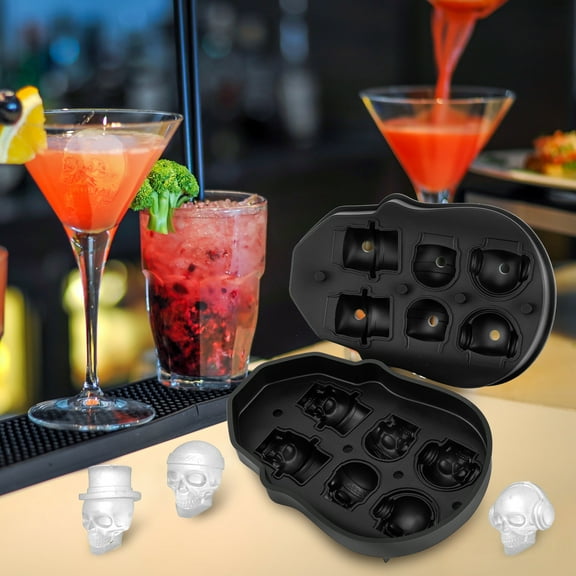 BENTISM Skull Ice Cube Tray, 6-Grid Skull Ice Ball Maker, Flexible Black Silicone Ice Tray with Lid & Funnel, Skull Ice Cubes in 3 Distinct Patterns for Beverages & Chocolates on Parties & Holidays
