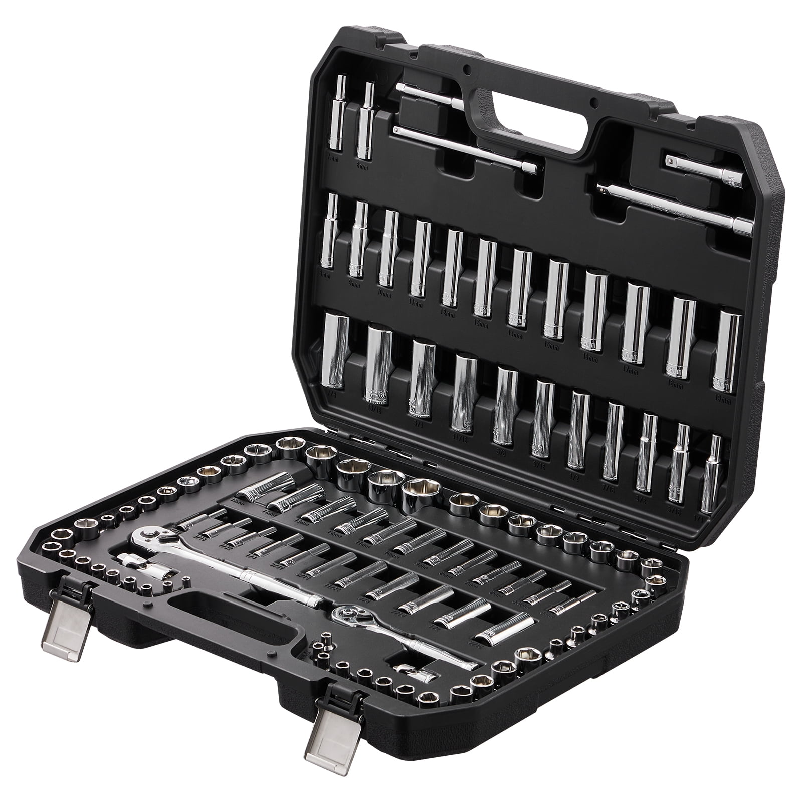 VEVOR Socket Set, 1/4" and 3/8" Drive Socket and Ratchet Set, 6-Point Socket Opening, 106 Pcs Tool Set SAE and Metric, Deep and Standard Sockets, 5/32-1 in, 5-19 mm for Auto Repairing & Household