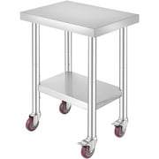 BENTISM Stainless Steel Work Table 24 x 18 x 34 In 4 Wheels Food Prep Commercial Grade 2 Layers
