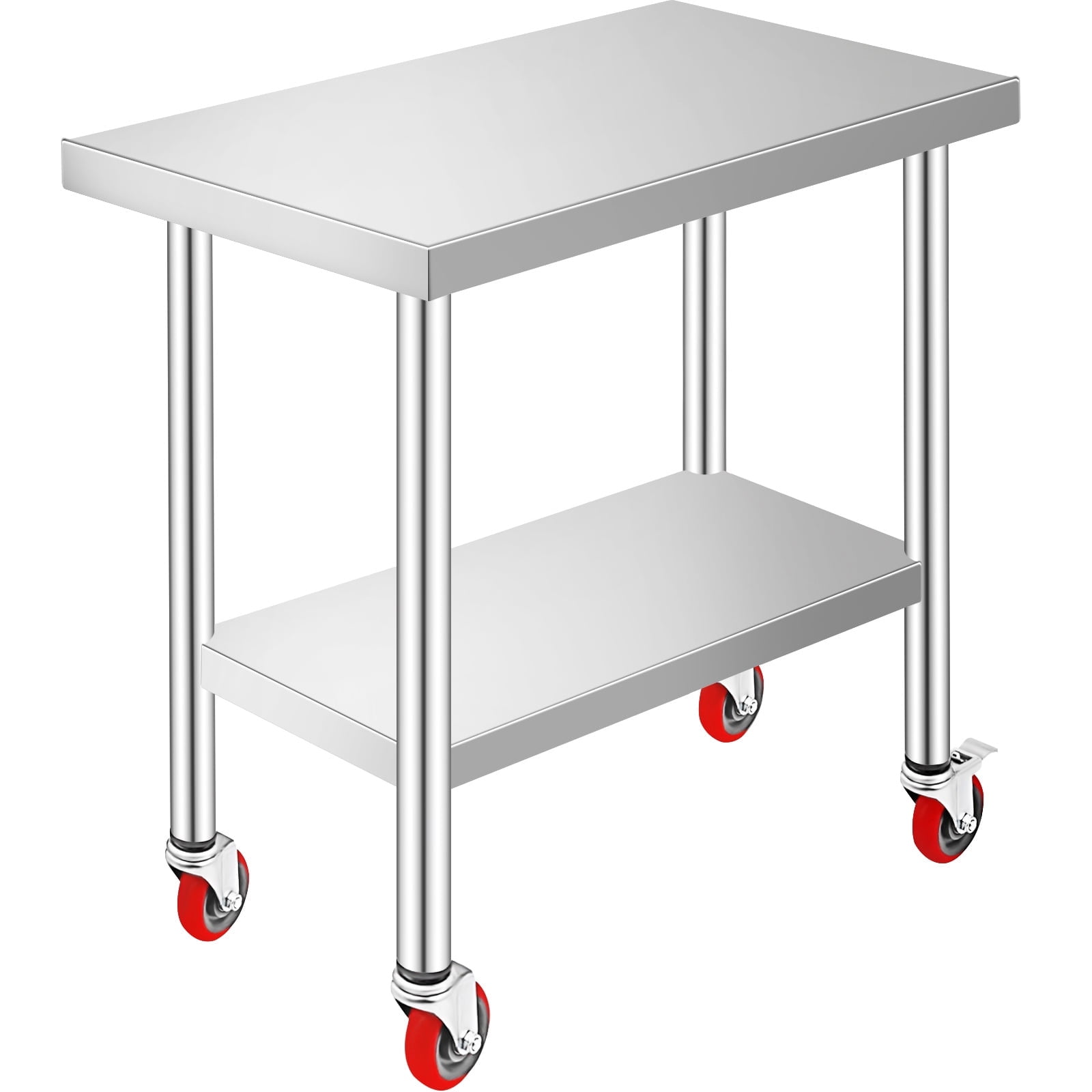 VEVOR Stainless Steel Work Table 30 x 18 x 34 In 4 Wheels Food Prep Commercial Grade 2 Layers