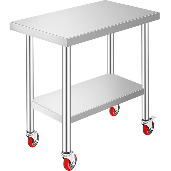 VEVOR Stainless Steel Work Table 30 x 18 x 34 In 4 Wheels Food Prep Commercial Grade 2 Layers