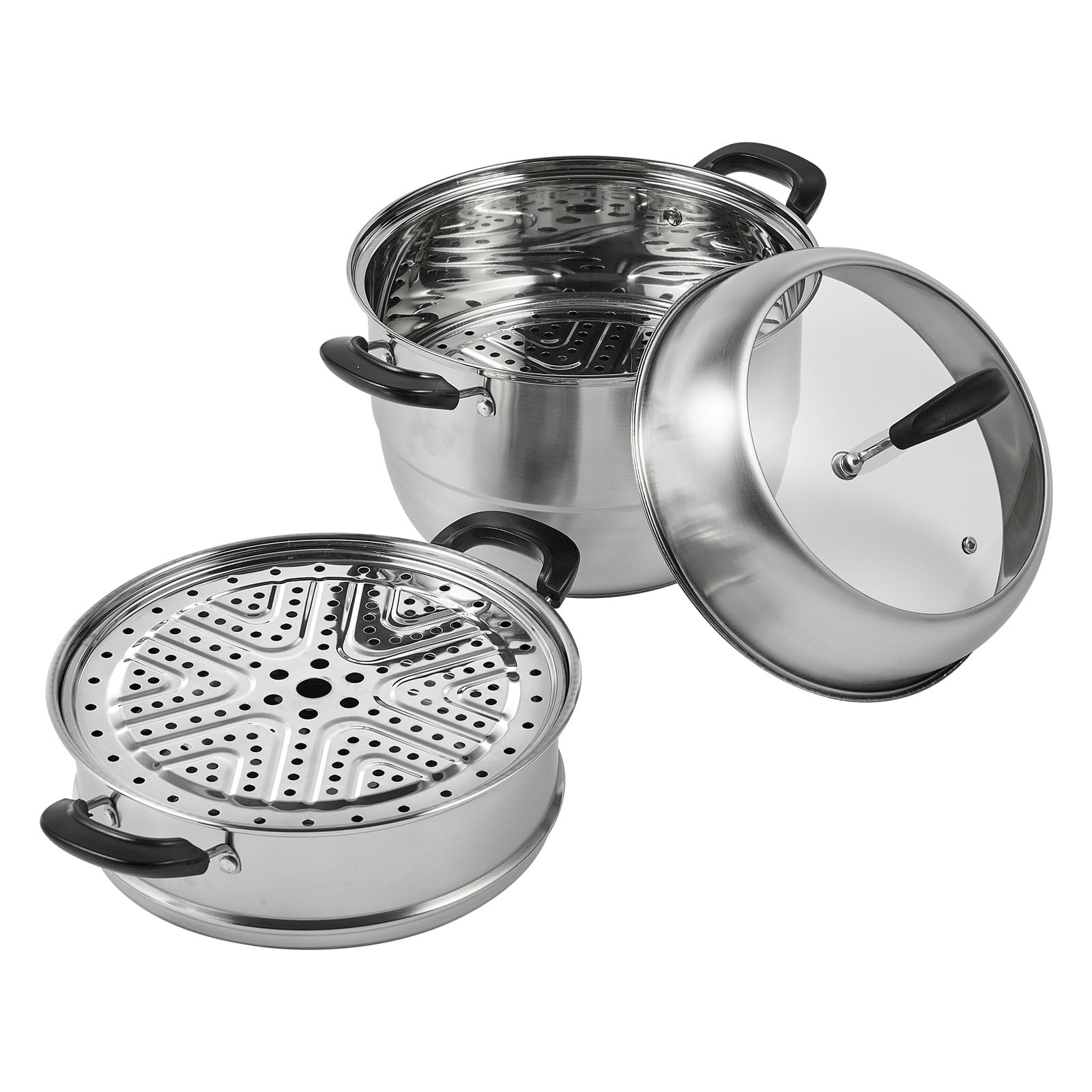 VEVOR Steamer Pot 11in/28cm, 3 Tier Steamer Pot for Cooking with 8.5QT Stock Pot, Vegetable Steamer & 2 Steaming Tray, Food-Grade 304 Stainless Steel Food Steamer Cookware for Gas Electric Stove