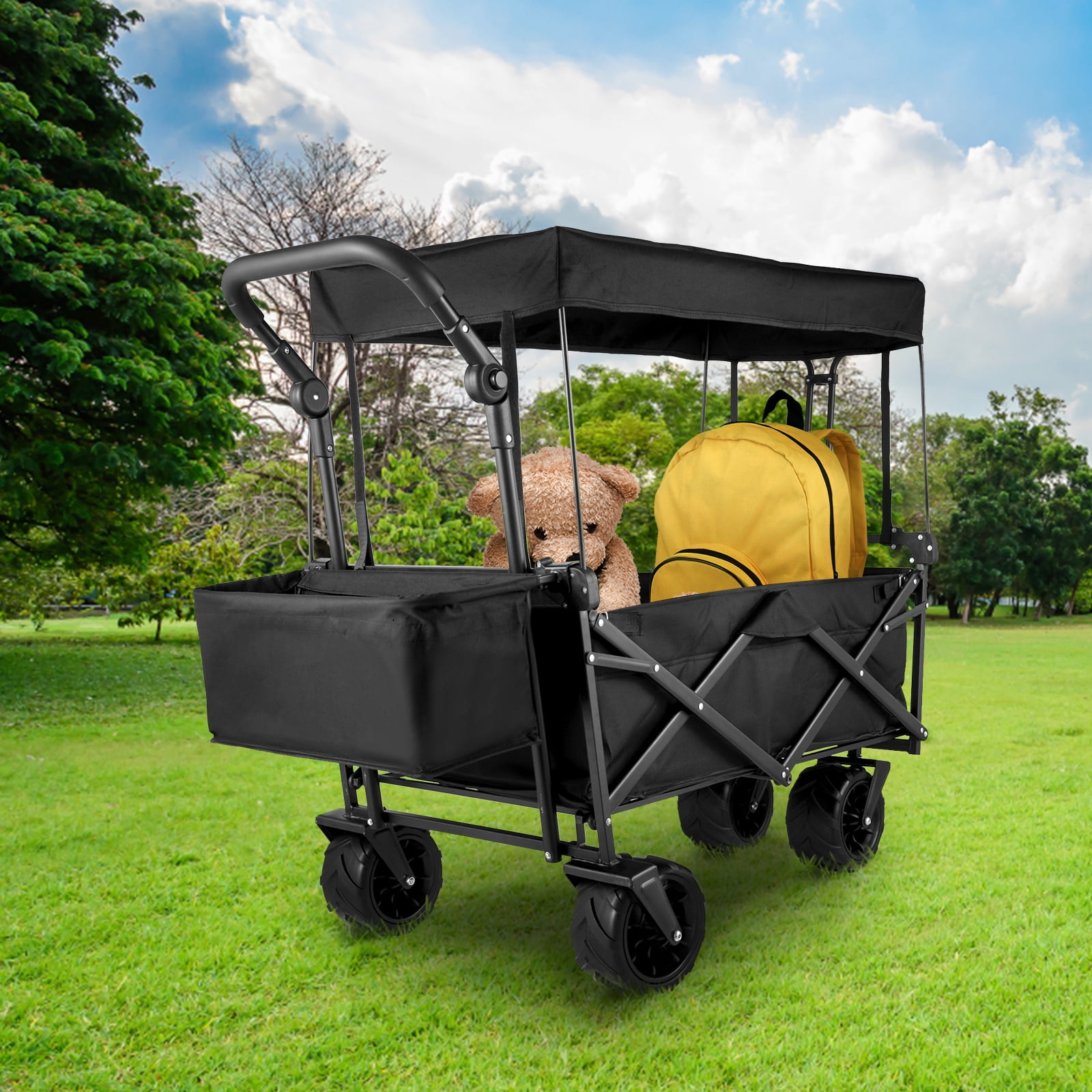 BENTISM Steel Garden Wagon Cart with Adjustable Handles