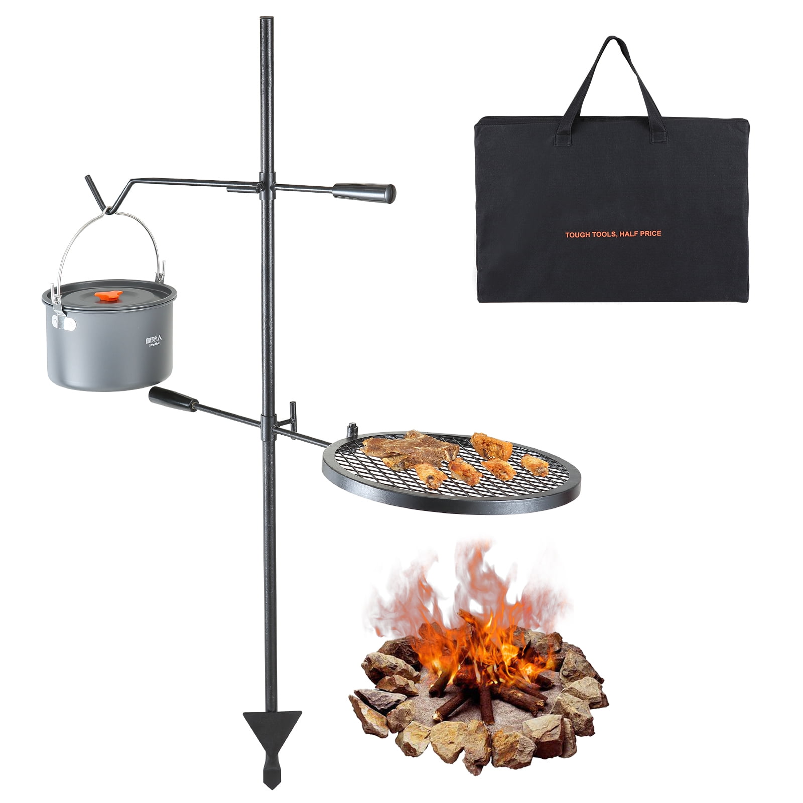 Outdoor cooking, swinging arm cast iron pot hanger