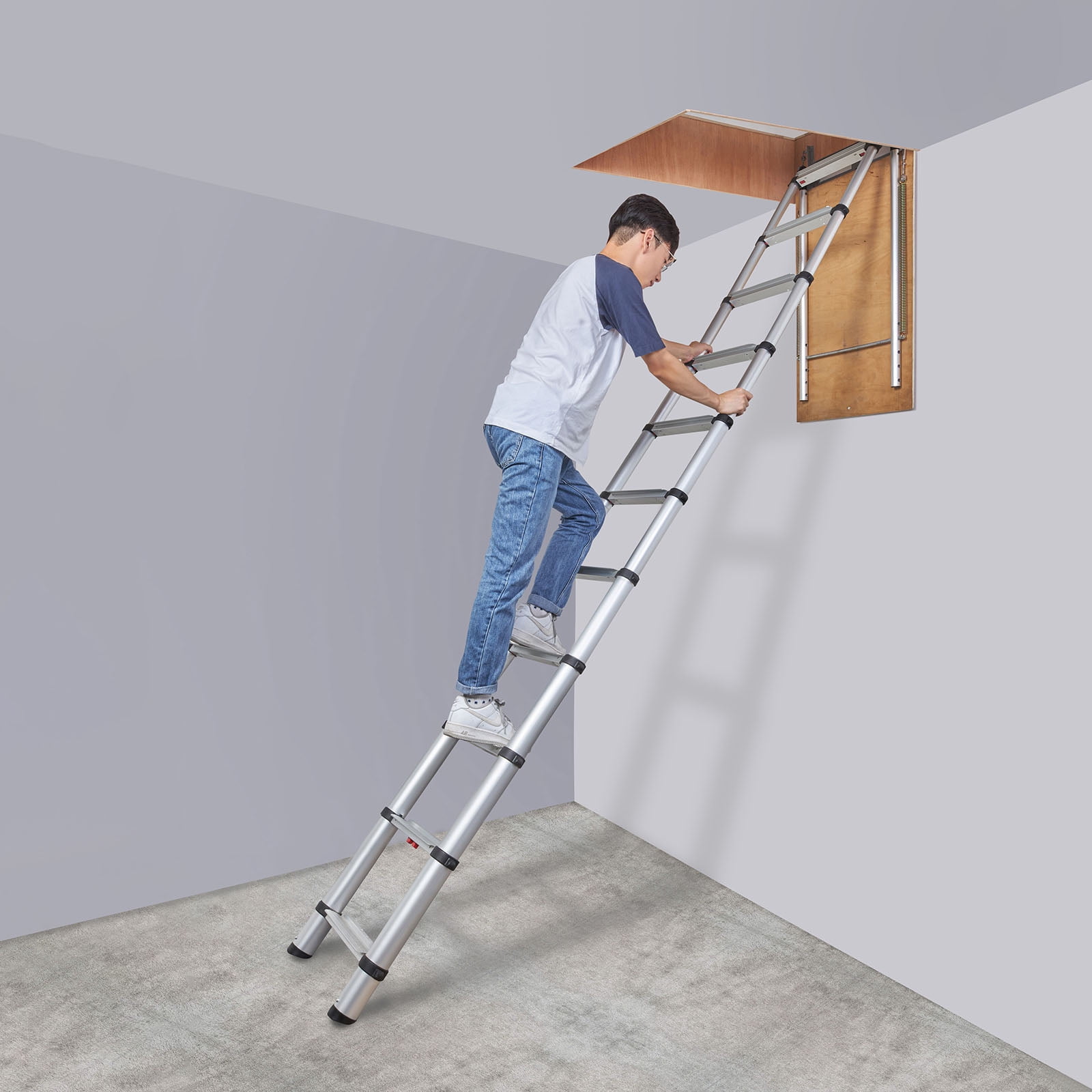 BENTISM Telescoping Ladder 350 lbs Capacity Aluminum Ladder for RV Loft Home Attic