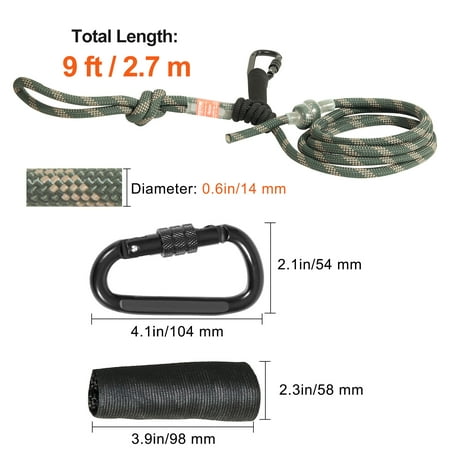 VEVOR Tree Stand Safety Rope, 9 ft/27.43 m Treestand Lifeline Rope 30KN Breaking Tension, 0.6'' Hunting Safety Line with Prusik Knot, 2pcs Carabiner and Silencer, for Treestrap and Climbing