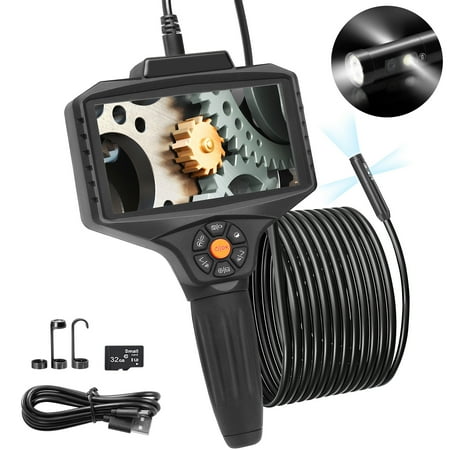VEVOR Triple Lens Industrial Endoscope 16.4ft, 5" IPS Borescope Inspection Camera with 10 Lights, 1080P Sewer Camera and 5 View Modes , IP67 Flexible Scope Camera Snake Cable and 32GB TF Card