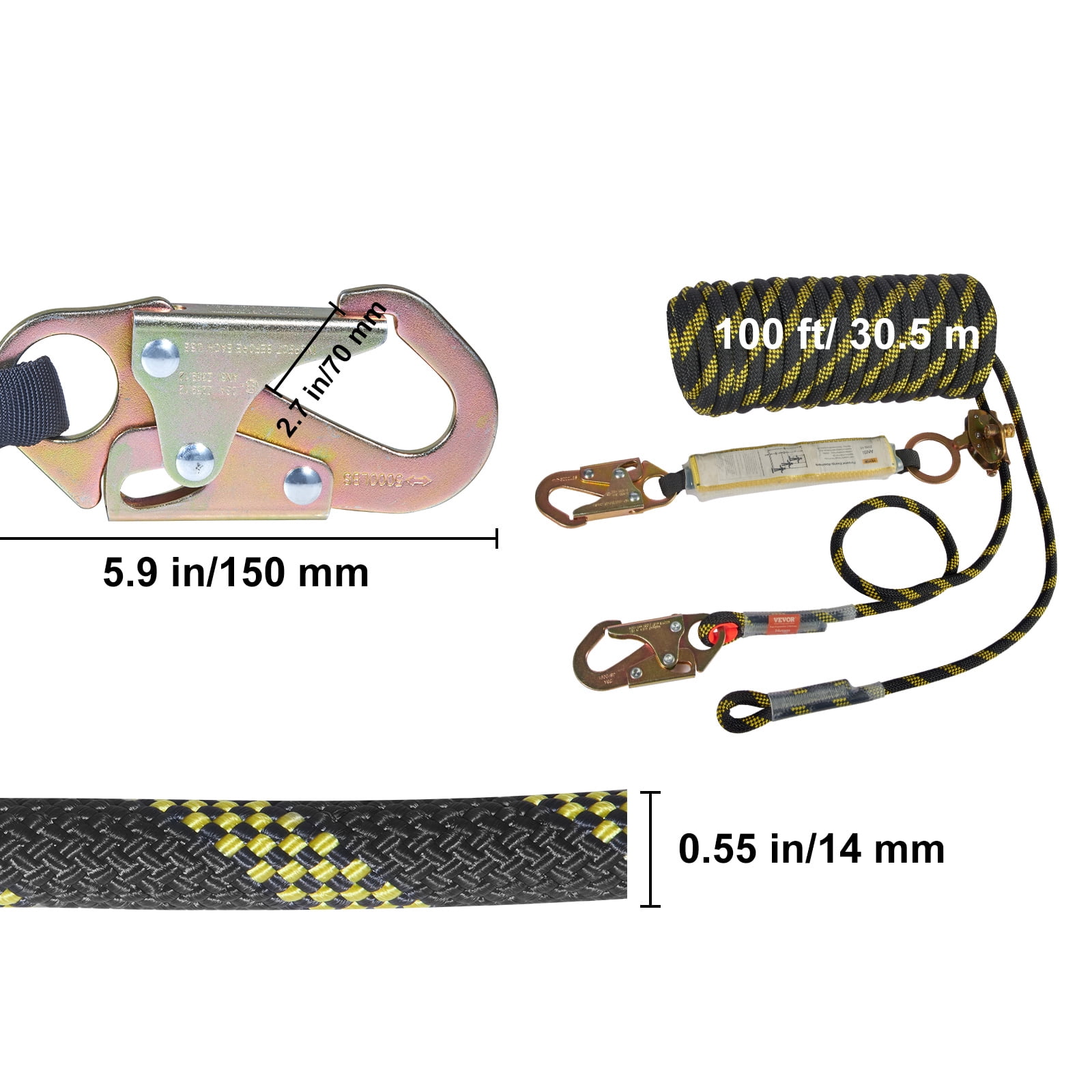 Free Shipping! BENTISM Vertical Lifeline Assembly, 0.55'' x 100' Fall ...