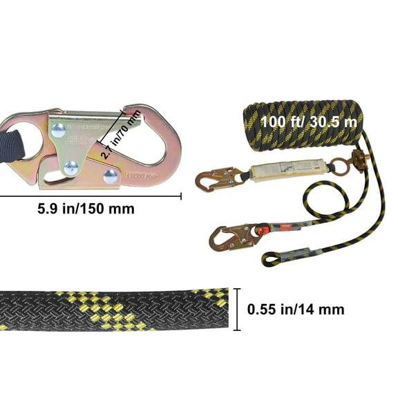 VEVOR Vertical Lifeline Assembly, 0.55'' x 100' Fall Protection Rope with 30 KN Breaking Tension, Polyester Roofing Rope with Steel Snap Hooks, Rope Grab, and Shock Absorber, ANSI Compliant