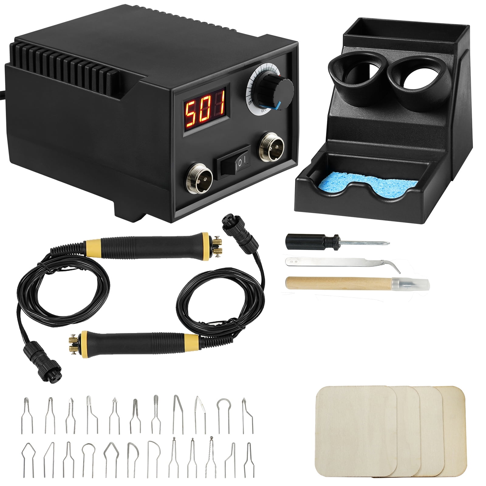 VEVOR Wood Burning Kit, Upgrade 200~700°C Adjustable Temperature, Dual Output Port with 2 Pyrography Pens, 23 Wire Nibs, 1 Pen Holder, 4 Wood Chip, 1 Screwdriver, 1 Tweezers, 1 Knife, 1 Sponge