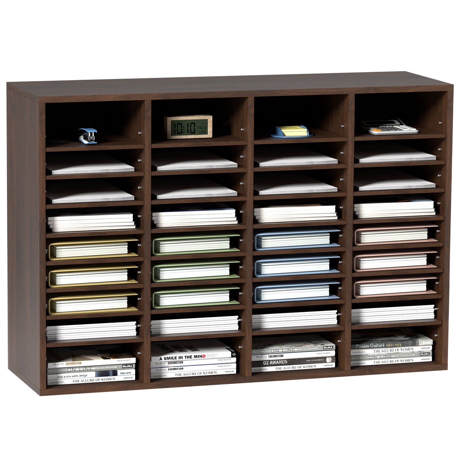 VEVOR Wood Literature Organizer Adjustable File Sorter 36 Compartments Countertop Literature Organizer Paper Storage Holder Brown