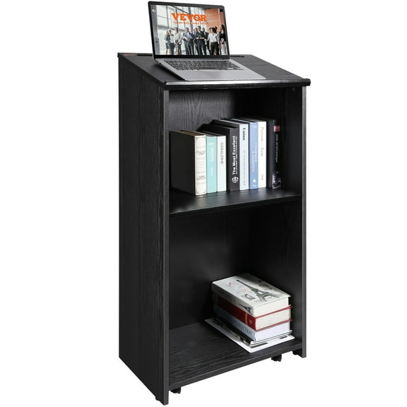 VEVOR Wood Podium Podium Stand 47 in Hostess Stand with 4 Rolling Wheels, Slant Surface, Baffle Plate, Pen Tray & Storage Shelve Easy Assembly Black Lecterns for Church, Office, School Black
