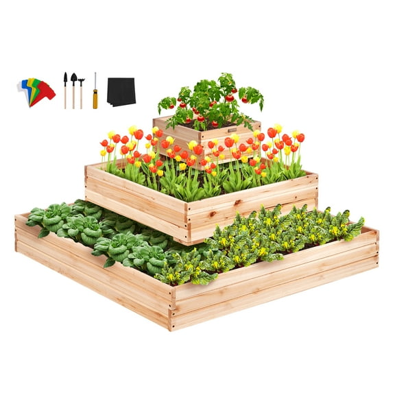 VEVOR Wooden Raised Garden Bed, 44.5x44.5x20.1" High End Natural Fir Wood Planter Box, 3 Tier Outdoor Flower Vegetable Herb Planting Boxes with Open Base