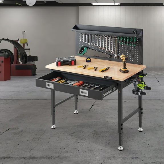 VEVOR Workbench Adjustable Height 28-39.5" Work Bench For Garage Oak Plank & Carbon Steel Heavy Duty Workbench 2000lbs Weight Capacity Bench top Size 48x24" with Pegboard Power Outlets