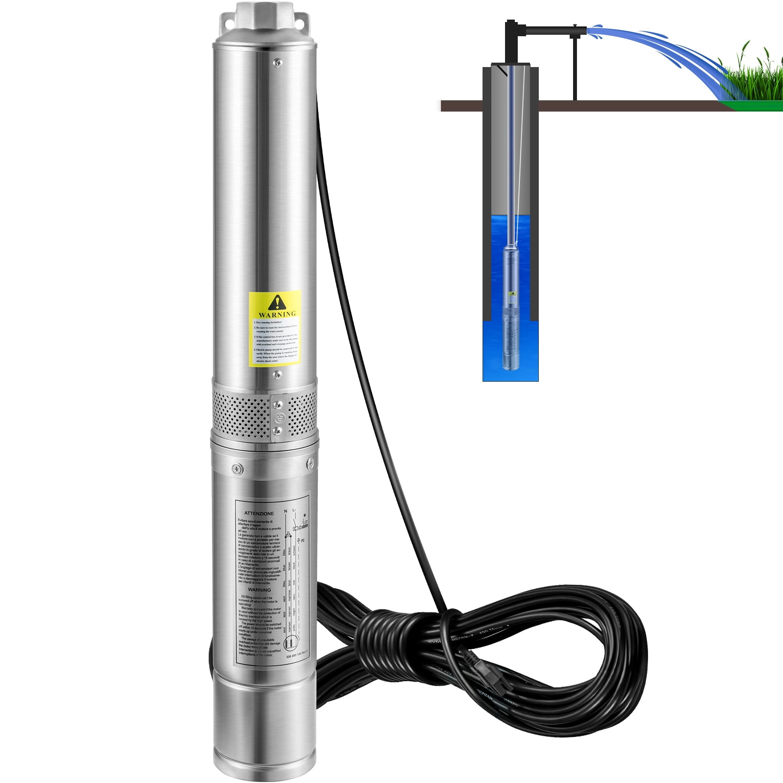 VEVORDeepWell Submersible Pump,3HP/2200W 230V/60Hz,37GPM Flow 640 ft Head,with 33 ft Electric Cord,4 inch Stainless Steel Water Pumps for Industrial,Irrigation & Home Use,IP68 Waterproof Grade