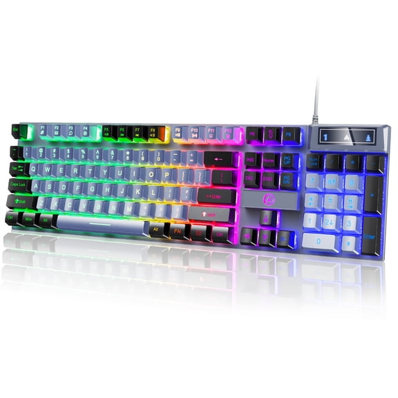 BENTOBEN 104 Keys RGB Backlit Mechanical Gaming Keyboard, Waterproof USB Wired Ergonomic Keyboard for Windows PC Laptop Gamer, Black & Gray