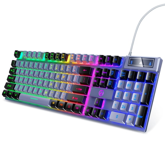 BENTOBEN 104 Keys RGB Backlit Mechanical Gaming Keyboard, Waterproof USB Wired Ergonomic Keyboard for Windows PC Laptop Gamer, Black & Gray