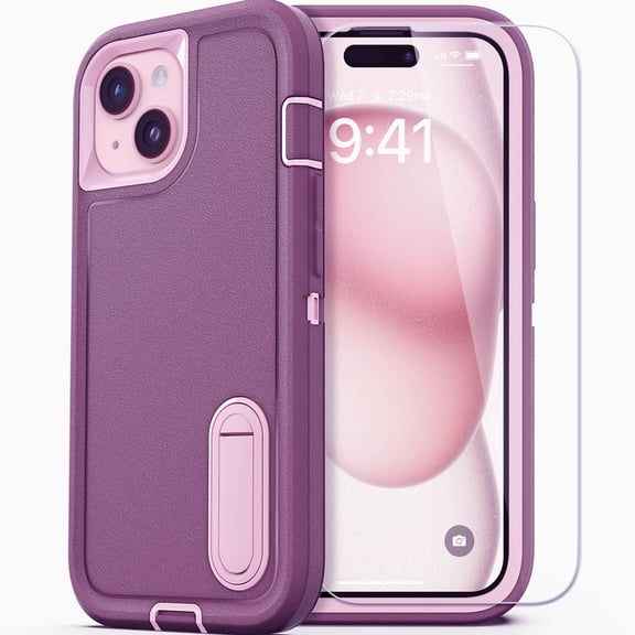 BENTOBEN Case for iPhone 15 With Screen Protector Built In Kickstand, Heavy Duty Military Shockproof Phone Case for iPhone 15 6.1" 2023, Purple