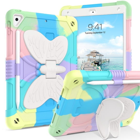BENTOBEN Case for iPad 9th/8th/7th Gen with Butterfly Kickstand and Pencil Holder, 10.2" Pc Tpu Heavy Duty Hard Rugged Protective Cover for iPad 10.2 inch for Girls Women Kids