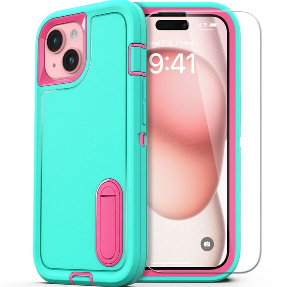 BENTOBEN Case for iPhone 15 With Screen Protector Built In Kickstand, Heavy Duty Military Shockproof Phone Case for iPhone 15 6.1" 2023, Green Pink