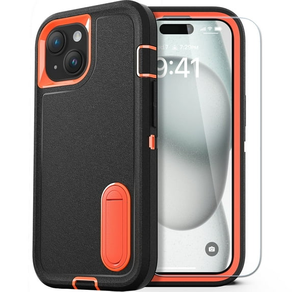 BENTOBEN Case for iPhone 15 With Screen Protector Built In Kickstand, Heavy Duty Military Shockproof Phone Case for iPhone 15 6.1" 2023, Orange Black