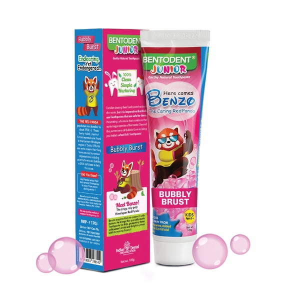 BENTODENT Fluoride Free Kids Toothpaste - Natural Calcium Bentonite Clay, SLS Free, Natural Foam, Gentle Whitening, Vegan, Travel Toothpaste, Bubble Gum, 3.52oz