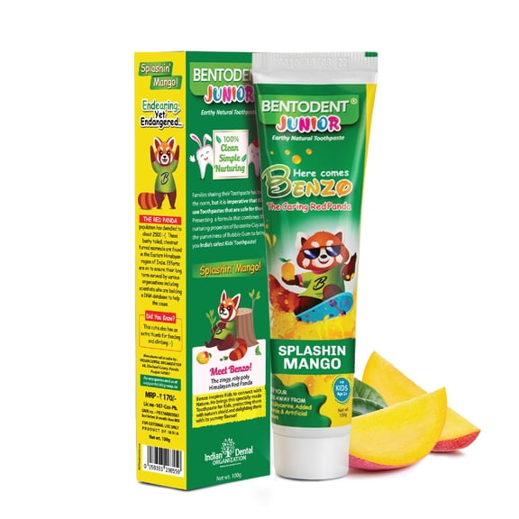 BENTODENT Fluoride Free Kids Toothpaste - Natural Calcium Bentonite Clay toothpaste- SLS Free, Natural foam toothpaste- Fresh Breath, Gentle Whitening, Vegan, Travel, 3.52oz(Mango)