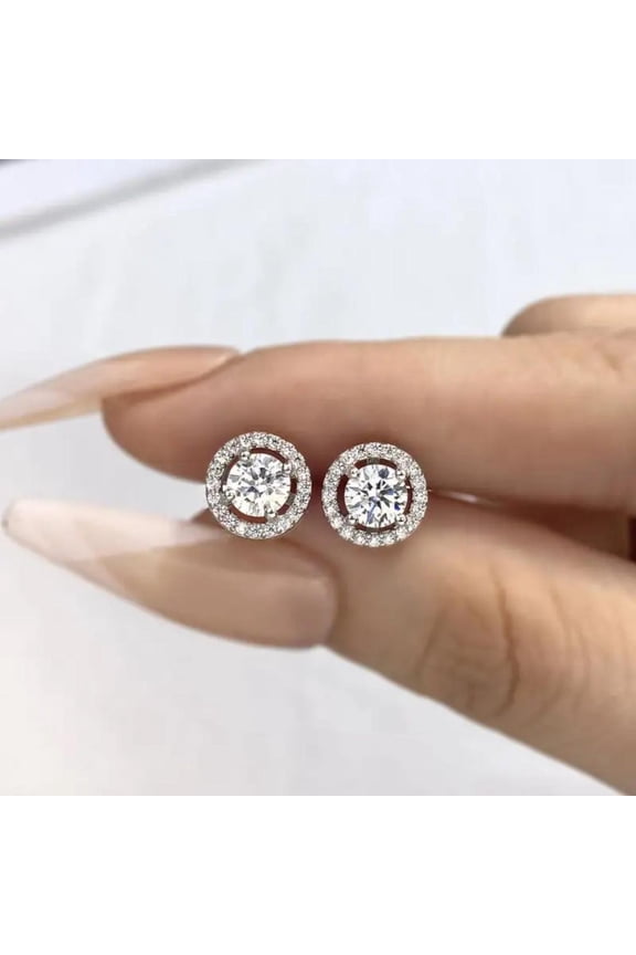 BENZ 1.30CT Round Lab-Grown Diamond Halo Earrings, 925 Sterling Silver Solitaire Studs for Women, Dainty Ethical Jewelry Gift, Moissanite Option
