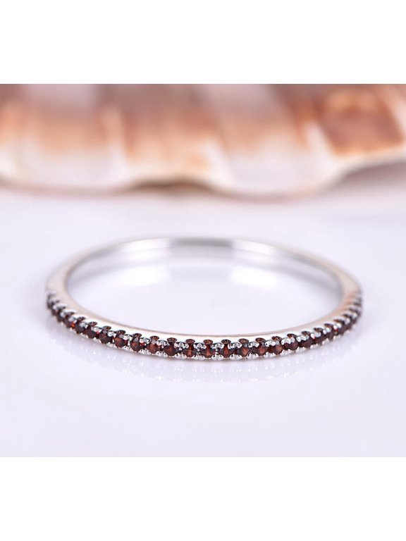 1.2mm Ultra Thin Red Garnet Lab Grown Diamond Half Eternity Band Ring, 925 Sterling Silver Micro Pave Stacking January Birthstone Wedding Ring Gift for Her