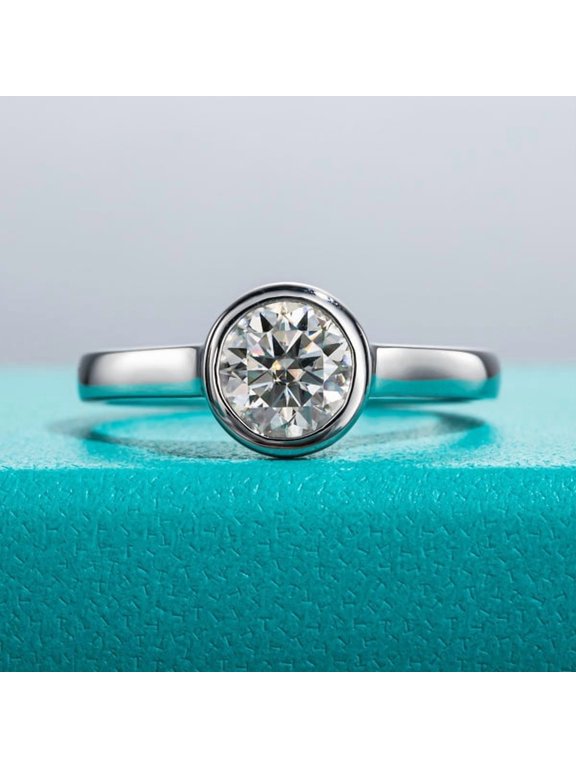 BENZ DIAMOND 1CT Round Brilliant Cut Moissanite Bezel Set Engagement Ring, 925 Sterling Silver Promise Solitaire Ring for Women
