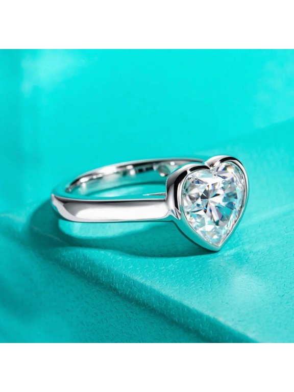 BENZ DIAMOND 3CT Heart Cut Moissanite Bezel Set Engagement Ring, 925 Sterling Silver Solitaire Promise Ring for Women