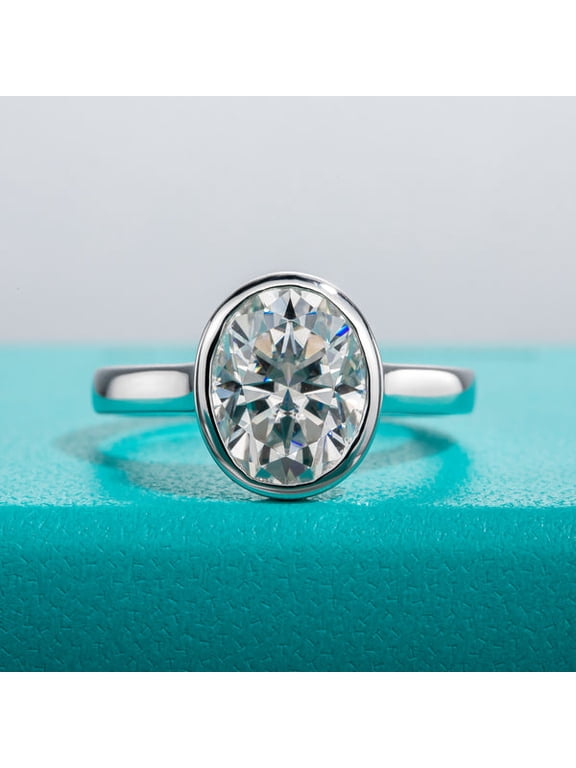 BENZ DIAMOND 3CT Oval Cut Moissanite Bezel Set Engagement Ring, 925 Sterling Silver Solitaire Promise Ring for Women
