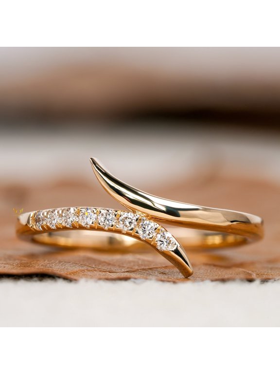 Lab Grown Diamond Wave Bypass Wedding Band, 925 Sterling Silver 14K Gold Plated Minimalist Stackable Ring for Women