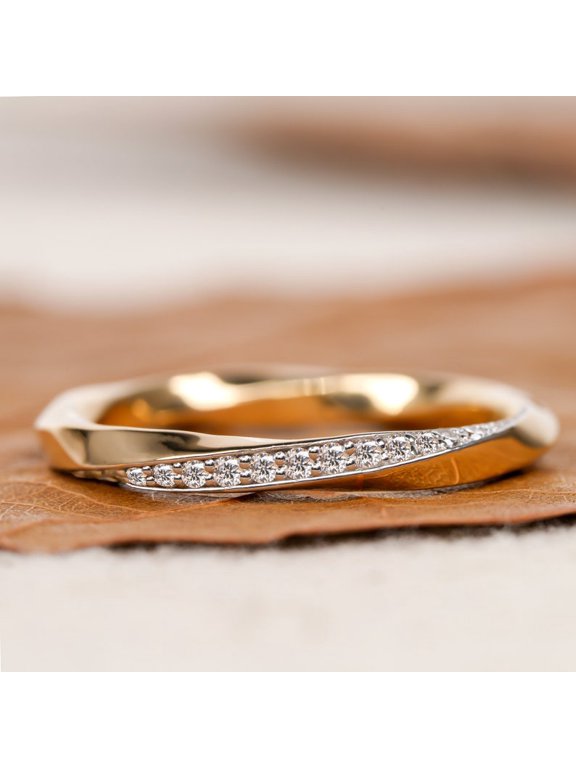 Mobius Twist Pave Lab Grown Diamond Wedding Band, 925 Sterling Silver 14K Gold Finish Minimalist Eternity Ring for Women