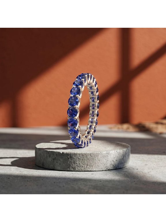 Round Cut Blue Sapphire Lab Grown Diamond Full Eternity Band Ring, 925 Sterling Silver September Birthstone Custom Size Wedding Ring Gift for Women
