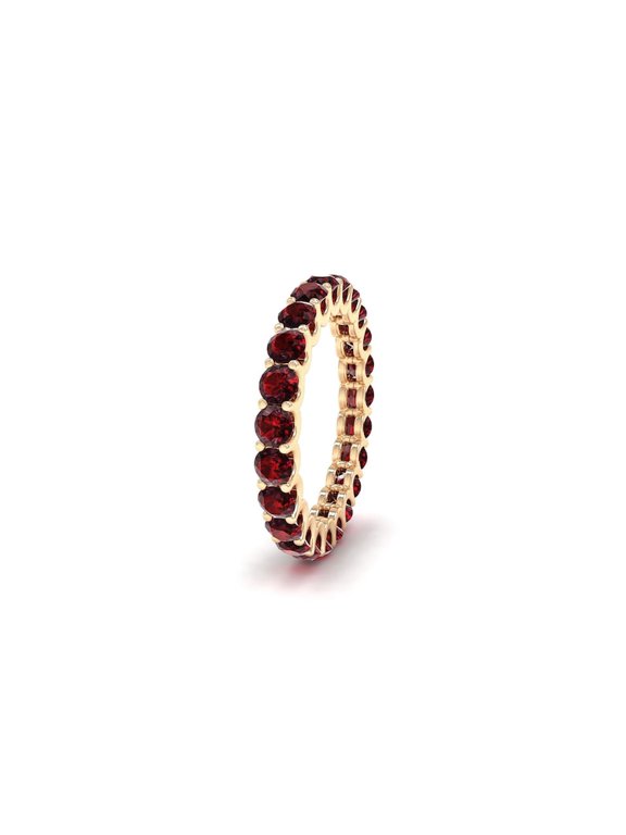 Round Cut Red Garnet Lab Grown Diamond Full Eternity Band Ring, 925 Sterling Silver 14K Gold Finish January Birthstone Custom Size Wedding Ring Gift for Her