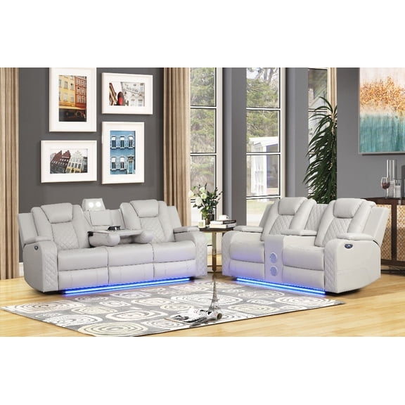 BENZ Faux Leather Power Recliner 2PC Set in Ice (NJ INVENTORY) Discover the ultimate in comfort with this 2-piece power recliner set. Faux leather upholstery adds a touch of luxury