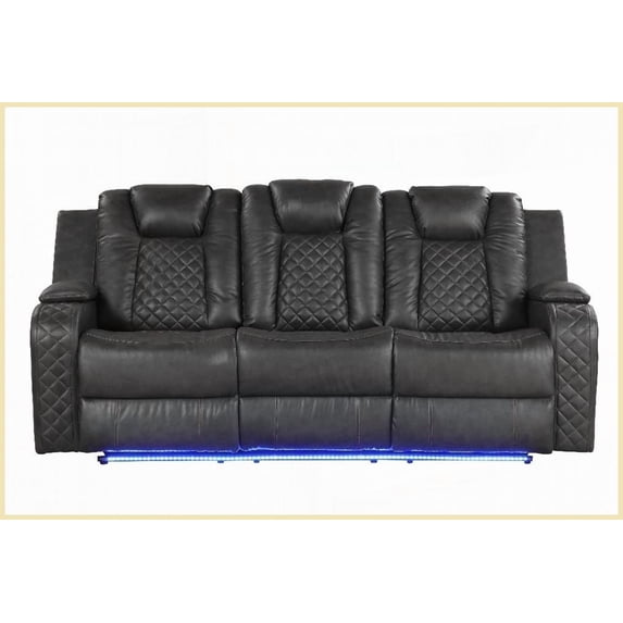 BENZ Modern Gray Power Reclining Sofa - Pebbled Faux Leather with LED Lights & Adjustable Headrest for Living Room