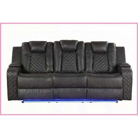 BENZ Modern Power Reclining Sofa with LED Lights 3-Seat Pebbled Faux Leather for Living Room | Faux Leather | Gray | Cushion Back