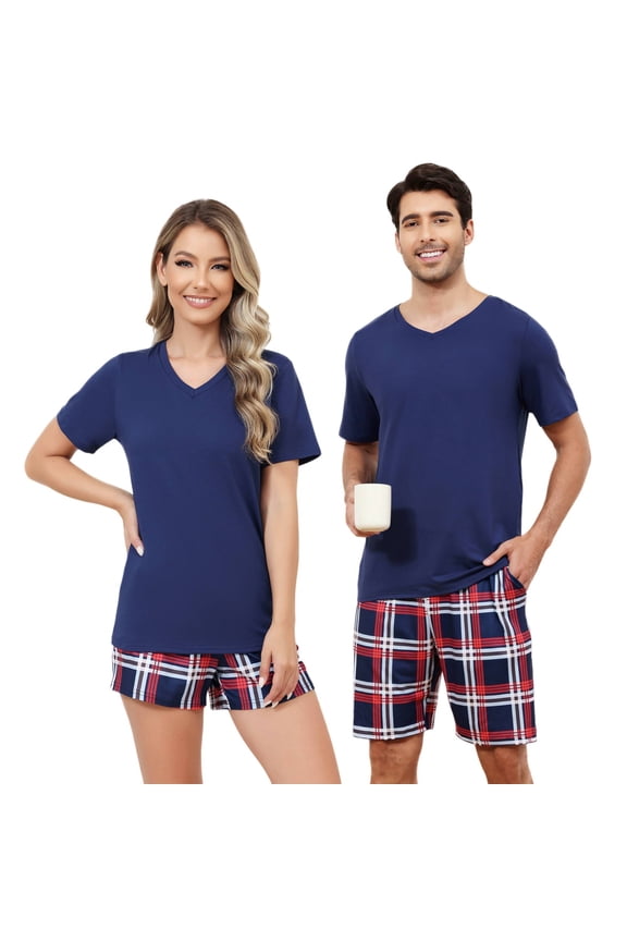 Matching Couples Pajamas Soft 2 Piece Lounge Sets for Women Casual V Neck Sleepwear with Pockets (Dark Blue-Women,L)