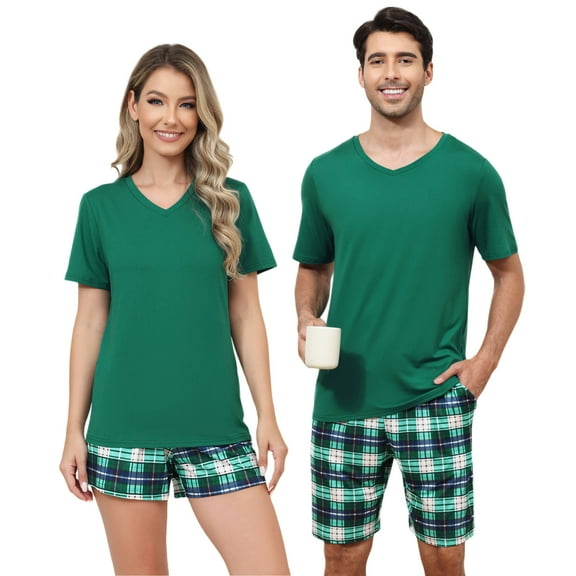 BEOEOSY Matching Couples Pajamas Soft Women Pjs Short Sleeve Shorts Set Casual V Neck His and Her Pajamas Lounge Set (Green-Women,m)