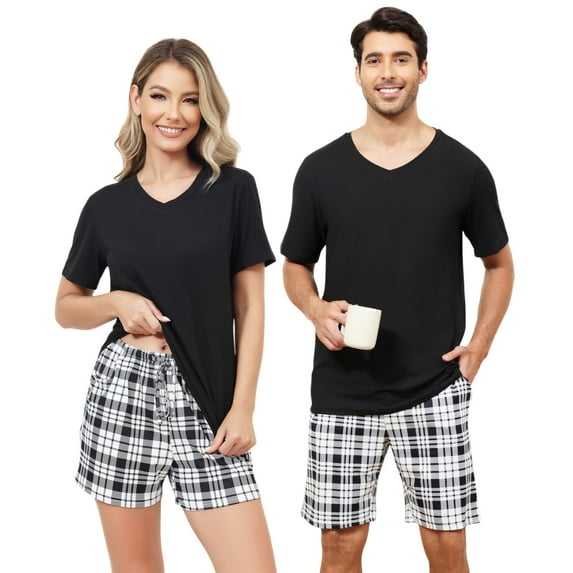 BEOEOSY Matching Pjs for Couples Casual V Neck Pajamas for Women 2 Piece Pjs Sets Soft Sleepwear Short Sleeve Shorts Pajamas (Black-Women,S)