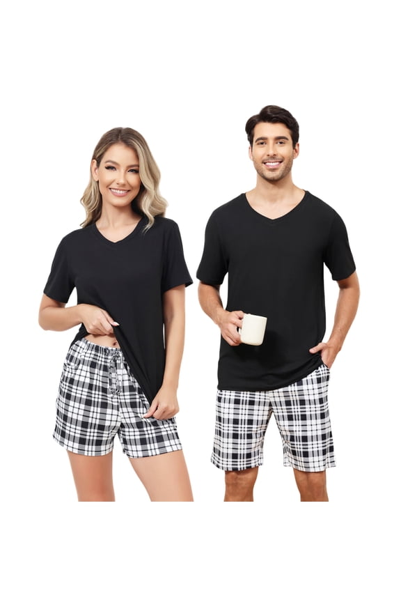 Matching Pjs for Couples Casual V Neck Pajamas for Women 2 Piece Pjs Sets Soft Sleepwear Short Sleeve Shorts Pajamas (Black-Women,S)